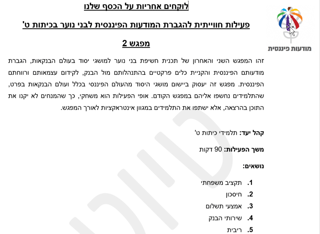 תכנית מפגש שני בהדרכת בני נוער בכלכלה